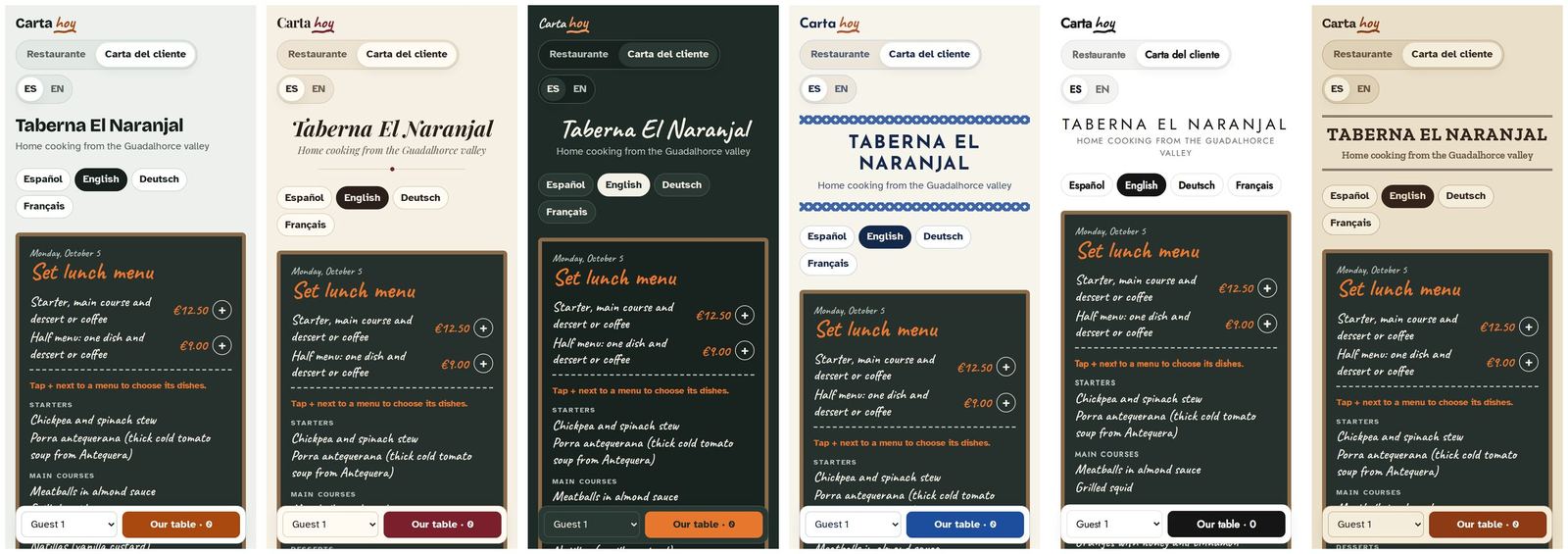 La misma carta en los seis estilos