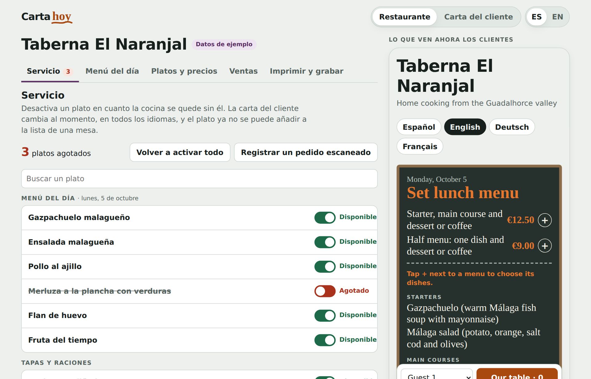 Pantalla del restaurante: lista de platos con un interruptor de disponible o agotado, y a la derecha la carta tal como la ven los clientes